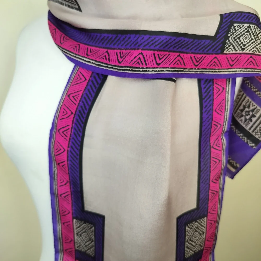 Oscar de la Renta Silk Scarf 51x10 Geometric Tribal Bohemian Purple Pink Grey